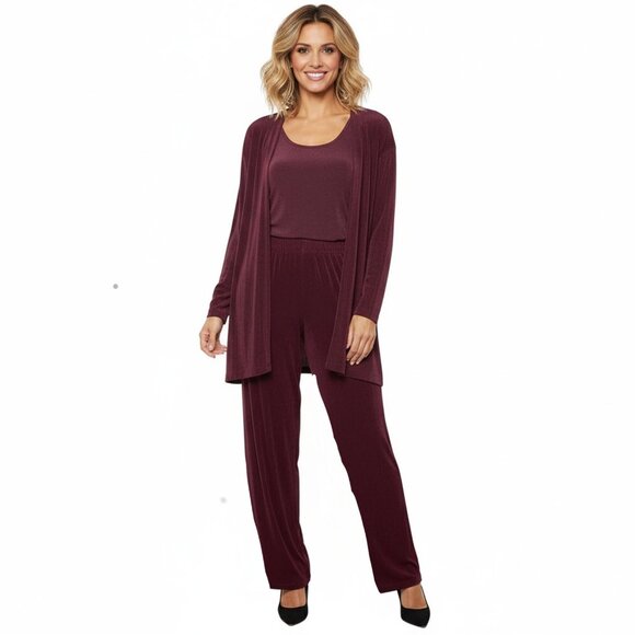 Vintage 90s Artex 3-Piece Outfit Coord Set Wine Stretch Pants Tank Cardigan - Picture 1 of 11